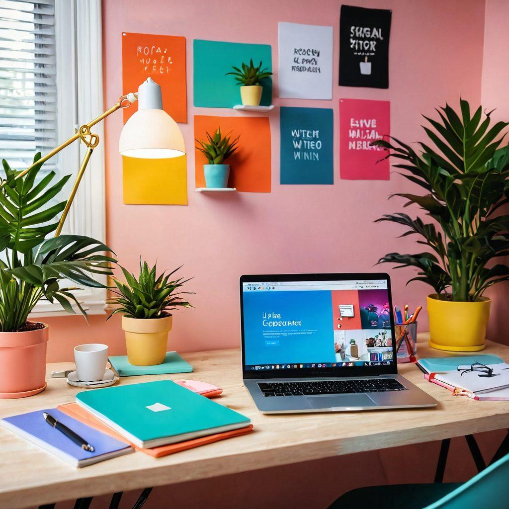 A colorful, inviting workspace featuring a laptop open with a blog post visible on the screen, surrounded by plants and vibrant stationery, capturing elements of creativity and community. In the background, a digital screen displaying engaging social media interactions with like-minded people, symbolizing connection and engagement. The scene is warm and welcoming, with soft lighting to enhance the atmosphere of a personal blog. vibrant colors. cozy interior. 3D.