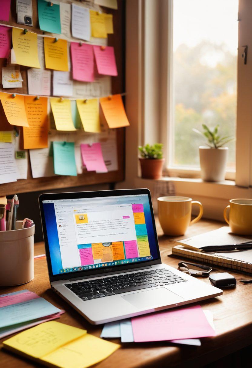 A visually captivating workspace featuring an open laptop with a glowing blog page on the screen, surrounded by colorful sticky notes filled with creative ideas, a steaming cup of coffee, and a notebook with an inspiring pen. Soft sunlight streaming in through a window, casting a warm glow on the scene, symbolizing creativity and exploration in the blogosphere. super-realistic. vibrant colors. cozy atmosphere.
