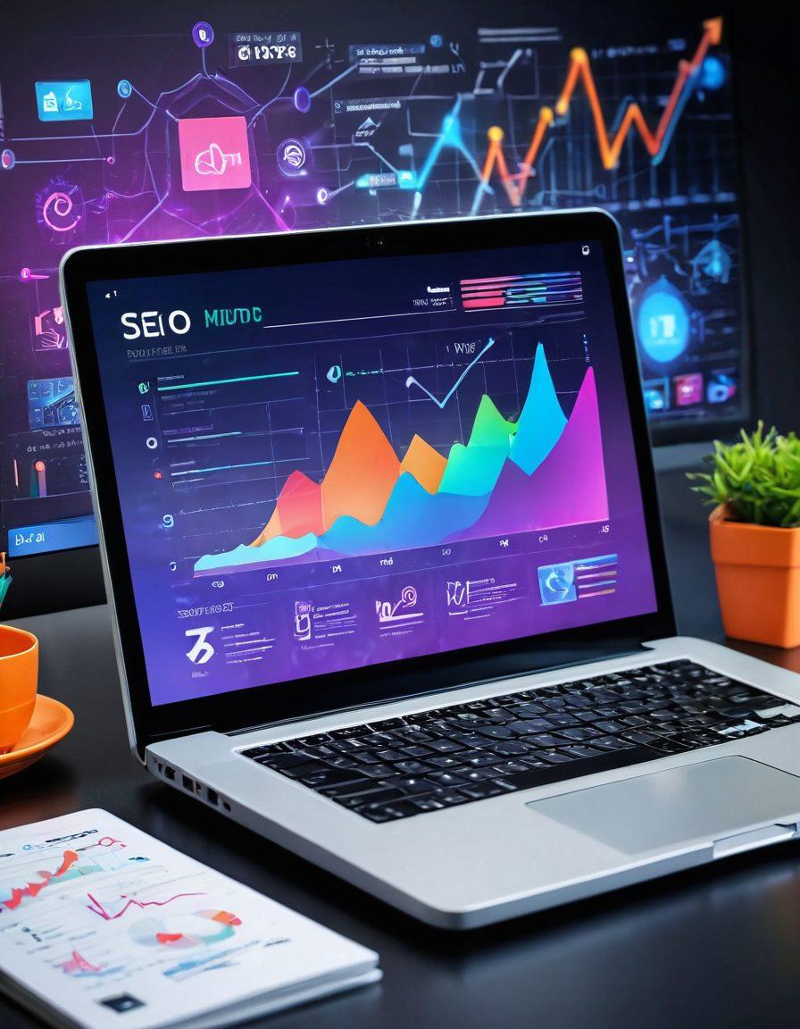 A modern, sleek laptop surrounded by digital elements like growth graphs, search icons, and keyword clouds, symbolizing SEO. The background features a vibrant blog interface with glowing metrics and social media icons, representing online presence. Include a hint of an upward arrow to signify elevation. super-realistic. vibrant colors.